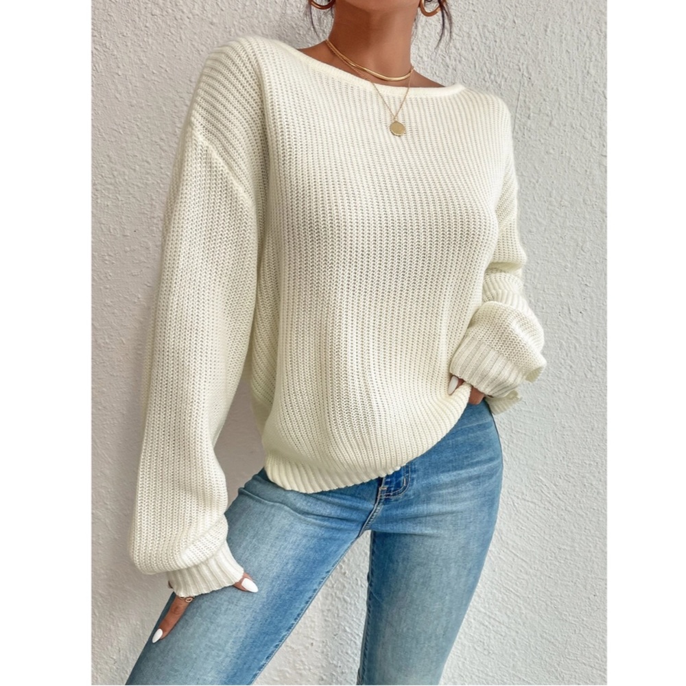 Off White Backless Pearl Detail Oversized Knit Sweater Twisted Back Long Sleeve - Picture 3 of 7